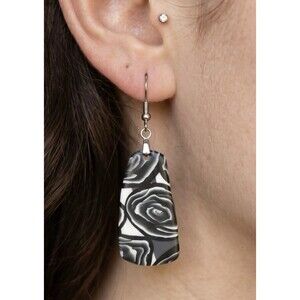 Handmade Polymer Clay Dangle Earrings Black & White Rose Stainless Steel Wires